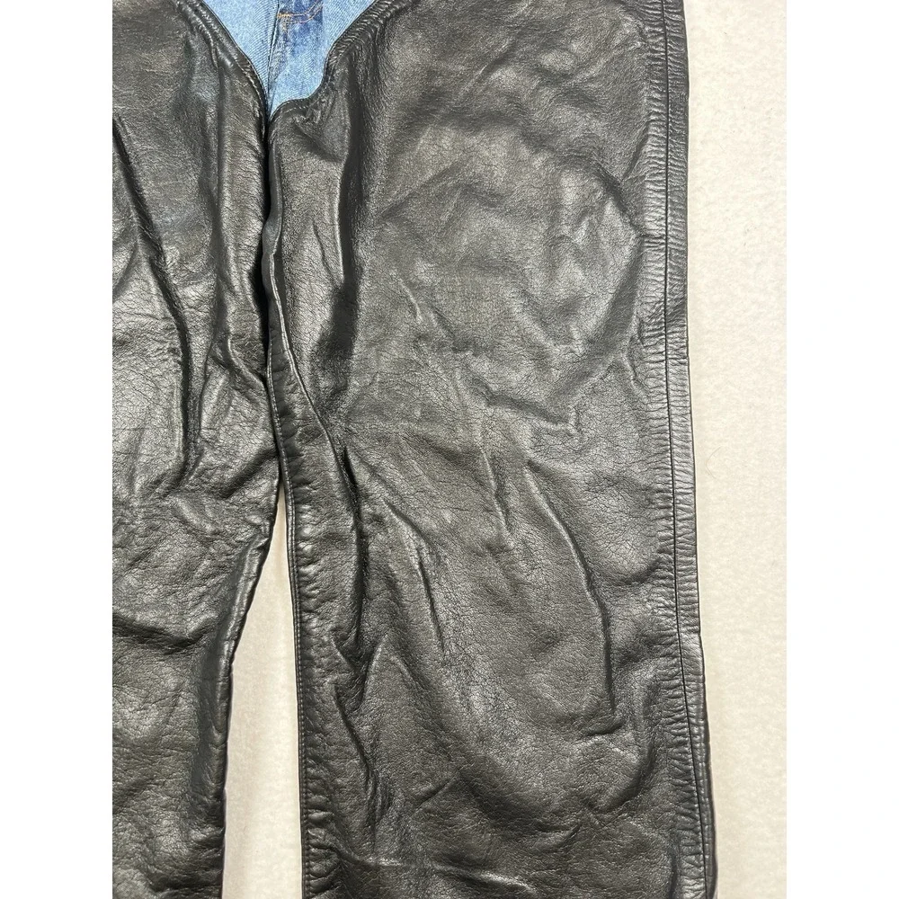 Agolde‎ Harley Denim And Leather Panel High Rise Straight Leg Jeans Blue Size 34